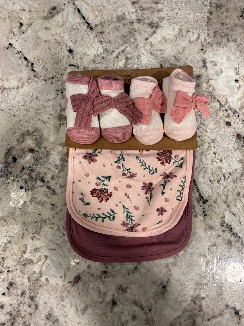 Pink Floral Baby Bib Set with Bow Socks